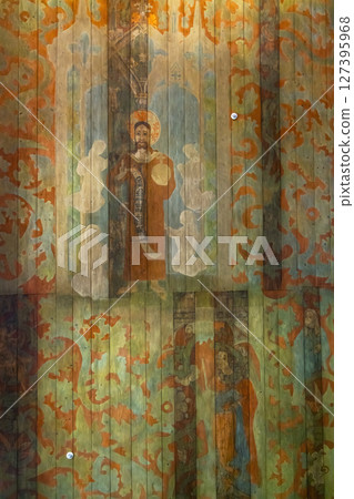 Painting of Saint John the Baptist decorating the wooden ceiling of the Church of the Assumption of the Blessed Virgin Mary in Haczow, Poland Painting of Saint John the Baptist decorating the wooden ceiling of the Church of the Assumption of the Blessed Virgin Mary in Haczow, Poland 127395968