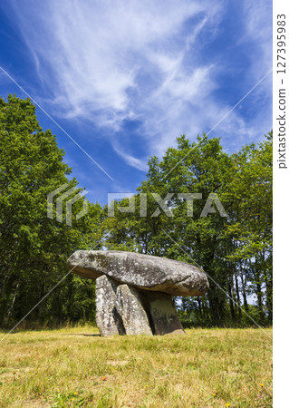 Dolmen de la Betoulle standing in Saint Auvent, France, under blue sky 127395983