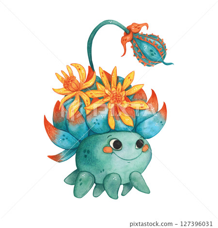 Magical, fictional character, bright flower, succulent. Watercolor illustration, hand drawn, cartoon. For scrapbooking, journaling, stickers, printing. Plant, flower, fruit, character, funny, magic Magical, fictional character, bright flower, succulent. Watercolor illustration, hand drawn, cartoon. For scrapbooking, journaling, stickers, printing. Plant, flower, fruit, character, funny, magic 127396031