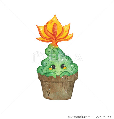 Magical, fictional plant character, with a bright flower on top, in a flowerpot. Watercolor illustration, hand drawn, cartoon. For scrapbooking, journaling, stickers, printing. Plant, fairy tale Magical, fictional plant character, with a bright flower on top, in a flowerpot. Watercolor illustration, hand drawn, cartoon. For scrapbooking, journaling, stickers, printing. Plant, fairy tale 127396033