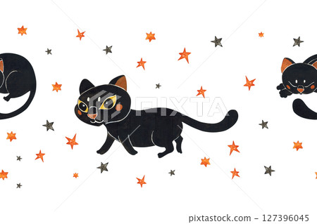 Seamless border with a black cat among black and orange stars 127396045