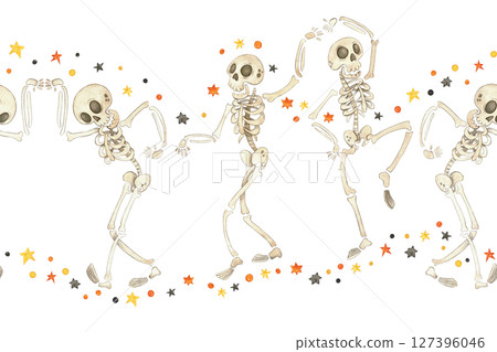 Seamless border with dancing skeletons among black and orange stars 127396046
