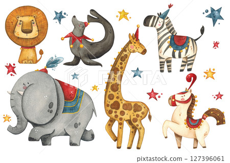 Set of circus animals: elephant, giraffe, lion, zebra, seal, horse Set of circus animals: elephant, giraffe, lion, zebra, seal, horse 127396061