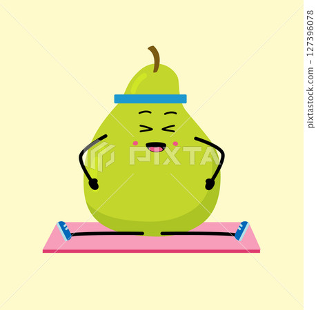 Cute strong pear character meditate in yoga pose. Cartoon pearn gym, health, fitness yoga meditate concept. 127396078