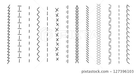 Sewing machine, embroidery border line zig zag hatch. Geometric fabric needlework, thread sew brushes, sewing seams. Sewing machine, embroidery border line zig zag hatch. Geometric fabric needlework, thread sew brushes, sewing seams. 127396103