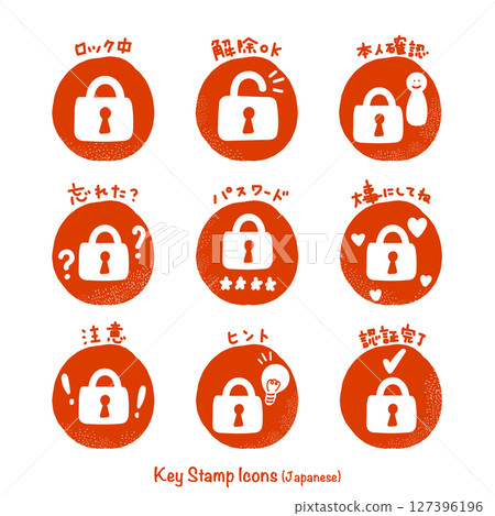 鑰匙+手繪日文資訊圖示集(郵票風格) 鑰匙+手繪日文資訊圖示集(郵票風格) 127396196