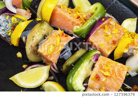 Salmon and Vegetable Kebabs. Salmon and Vegetable Kebabs. 127396379