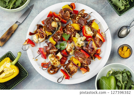 Appetizing fresh uncooked shish kebab. 127396382