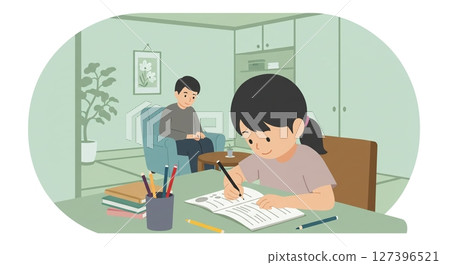 父母看著孩子做作業的平靜時刻 127396521