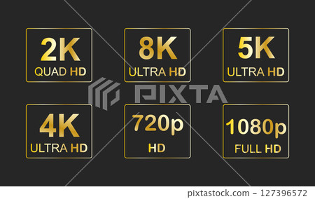 Video resolutions full ultra quad HD, video quality badge icon. Video resolution set. 127396572
