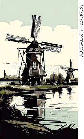 an AI Image Generator, Traditional Windmills Reflecting in a Peaceful Canal 127397259