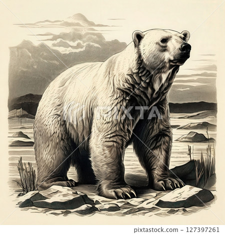 an AI Image Generator, Detailed Illustration of a Grizzly Bear in a Tranquil Natural Setting 127397261