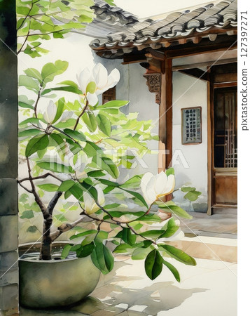 an AI Image Generator, Serene Patio with Potted Plants and Wooden Door in Sunlight an AI Image Generator, Serene Patio with Potted Plants and Wooden Door in Sunlight 127397271