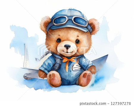 an AI Image Generator, Cute Teddy Bear Pilot with Vintage Aviator Helmet and Plane 127397278