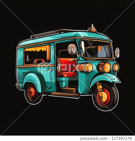 an AI Image Generator, Illustration of a Blue Auto Rickshaw With Vibrant Details a 127397279