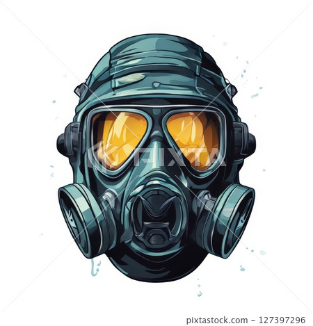 an AI Image Generator, Futuristic Gas Mask With Glowing Orange Visor 127397296