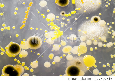 Colonies of different bacteria and mold fungi grown on Petri dish with Tryptic soy agar 127397316