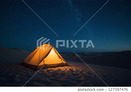 Tent camp evening, active holidays in nature, tourist parking. AI Generative Tent camp evening, active holidays in nature, tourist parking. AI Generative 127397476