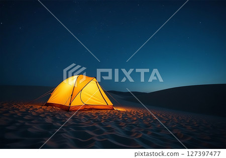 Tent camp evening, active holidays in nature, tourist parking. AI Generative Tent camp evening, active holidays in nature, tourist parking. AI Generative 127397477