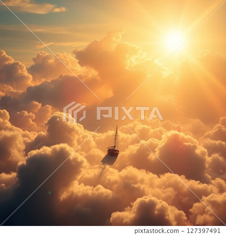 一艘船漂浮在天空中的奇幻風景圖像 127397491