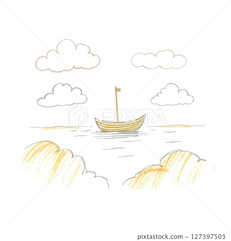 一艘船漂浮在天空中的奇幻風景圖像 127397503