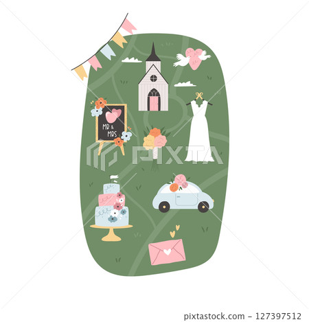 Vector map for wedding day with holiday symbols, icons. Vector map for wedding day with holiday symbols, icons. 127397512