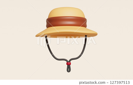 Straw Sun Hat with Chinstrap. 3D Rendering. Straw Sun Hat with Chinstrap. 3D Rendering. 127397513