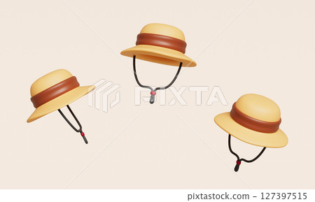 Straw Sun Hat with Chinstrap. 3D Rendering. Straw Sun Hat with Chinstrap. 3D Rendering. 127397515