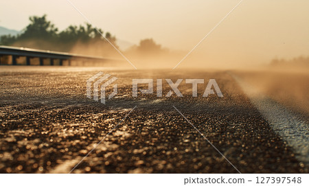 Scenery of heat haze flickering on a scorching hot road | Impressive asphalt material conveys the heat and perspective of midsummer / Heat stroke 127397548