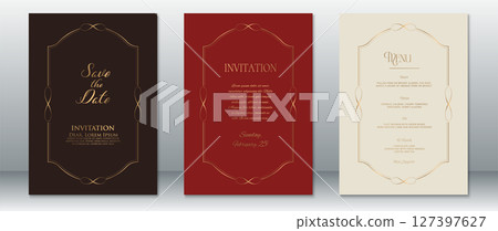 Luxury Wedding Invitation Set with Gold Frame on Brown, Red, and Cream Background Luxury Wedding Invitation Set with Gold Frame on Brown, Red, and Cream Background 127397627