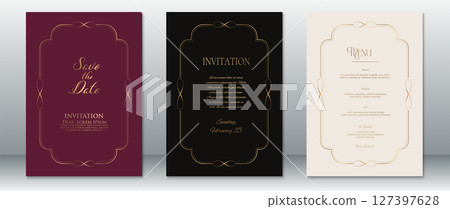 Elegant Wedding Invitation Set with Gold Frame on Burgundy, Black, and Cream Background Elegant Wedding Invitation Set with Gold Frame on Burgundy, Black, and Cream Background 127397628