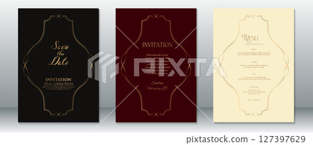 Elegant Wedding Invitation Set with Golden Frame on Black and Burgundy Background Elegant Wedding Invitation Set with Golden Frame on Black and Burgundy Background 127397629