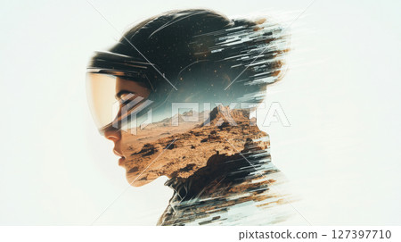 Double exposure female astronaut in helmet merging with landscape, futuristic concept 127397710