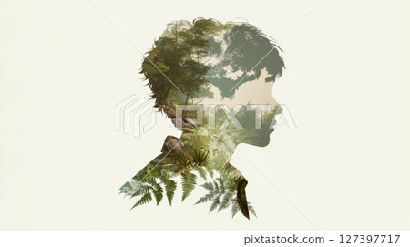 Double exposure of indigenous woman and forest landscape, nature concept, background 127397717