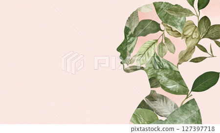 Double exposure of Indigenous female with leaf overlay, conceptual nature theme 127397718