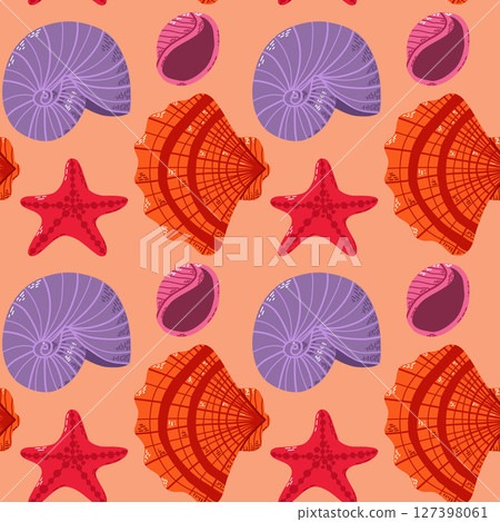 Seamless Pattern with Starfish and Shell Illustrations in Vibrant Hues 127398061