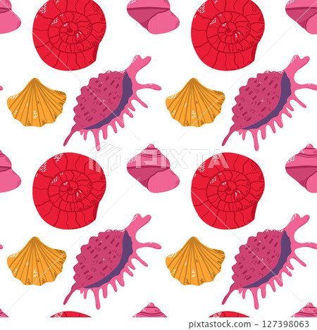 Vibrant Seashell Pattern Featuring Varied Shells Against a Clean White Background 127398063