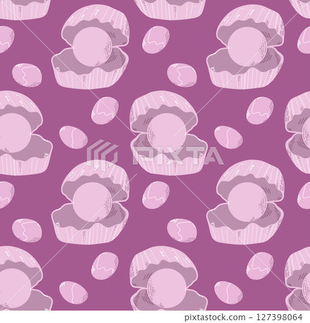 Seamless Pattern with Pink Pearls in Open Oysters on Purple Background 127398064