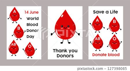 Illustration Promoting World Blood Donor Day With Happy Blood Drop Characters 127398085