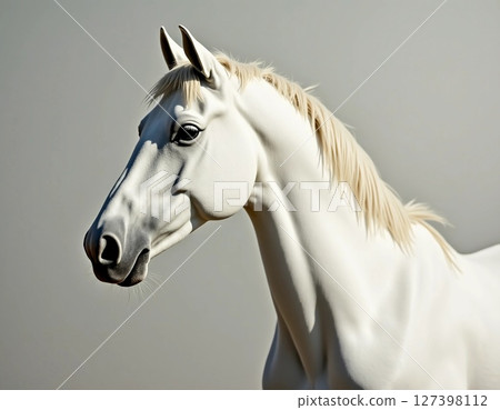 A striking white horse stands proudly with a calm expression, its smooth mane cascading elegantly. The serene backdrop provides a peaceful ambience, perfect for reflection Generative AI 127398112