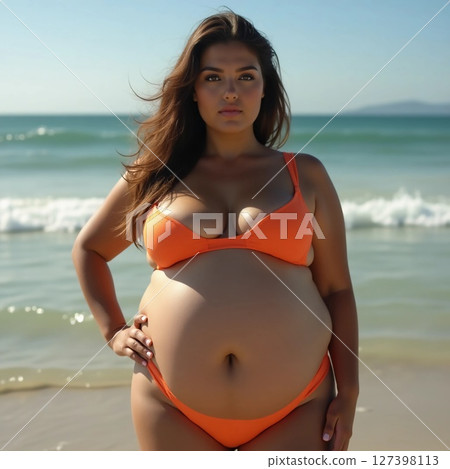 Radiating confidence and joy, a pregnant woman stands gracefully at the water's edge, surrounded by gentle waves and soft sunlight, capturing a moment of serene beauty Generative AI 127398113