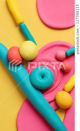 Brightly colored play dough is skillfully shaped into whimsical forms on a vivid yellow background, inviting creativity and fun exploration for all ages Generative AI 127398115
