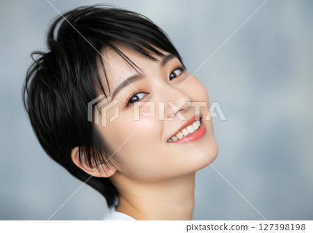 Japanese woman with a very short hairstyle Japanese woman with a very short hairstyle 127398198