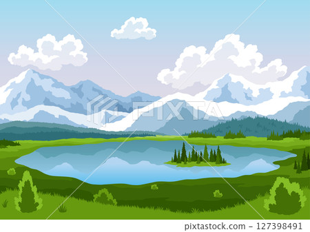 Mountain lake landscape vector illustration. Cartoon flat panorama of spring summer beautiful nature, green grasslands meadow with flowers, forest, scenic blue lake and mountains on horizon background Mountain lake landscape vector illustration. Cartoon flat panorama of spring summer beautiful nature, green grasslands meadow with flowers, forest, scenic blue lake and mountains on horizon background 127398491