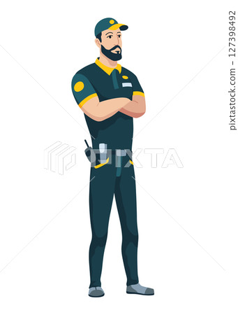 Security guard on duty, standing with arms crossed. Professional bodyguard for safety, protection surveillance. Man in confident posture Security guard on duty, standing with arms crossed. Professional bodyguard for safety, protection surveillance. Man in confident posture 127398492