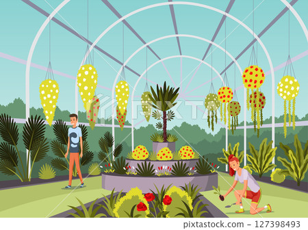 Public orangery flat vector illustration. Young gardeners cartoon characters. Greenhouse tour. Botanical garden, plant nursery, flowers growing Public orangery flat vector illustration. Young gardeners cartoon characters. Greenhouse tour. Botanical garden, plant nursery, flowers growing 127398493