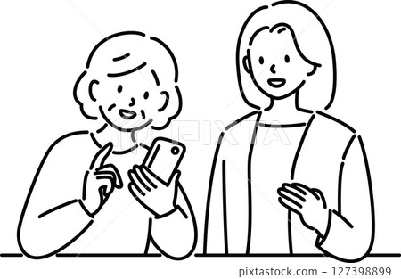 老年女性在智慧型手機課堂上學習如何使用智慧型手機（線條畫） 127398899
