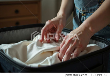 Person packs suitcase for trip, clothes are in the luggage. AI Generative 127399182