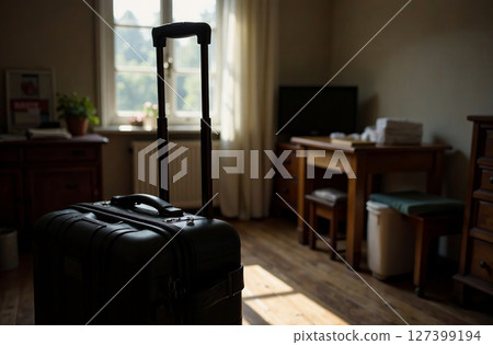 Suitcase packed for trip stand in apartment, bedroom interior. AI Generative 127399194