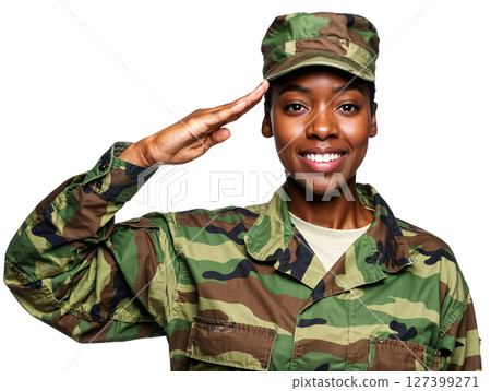African female soldier. Black woman in uniform saluting. Transparent background. PNG African female soldier. Black woman in uniform saluting. Transparent background. PNG 127399271